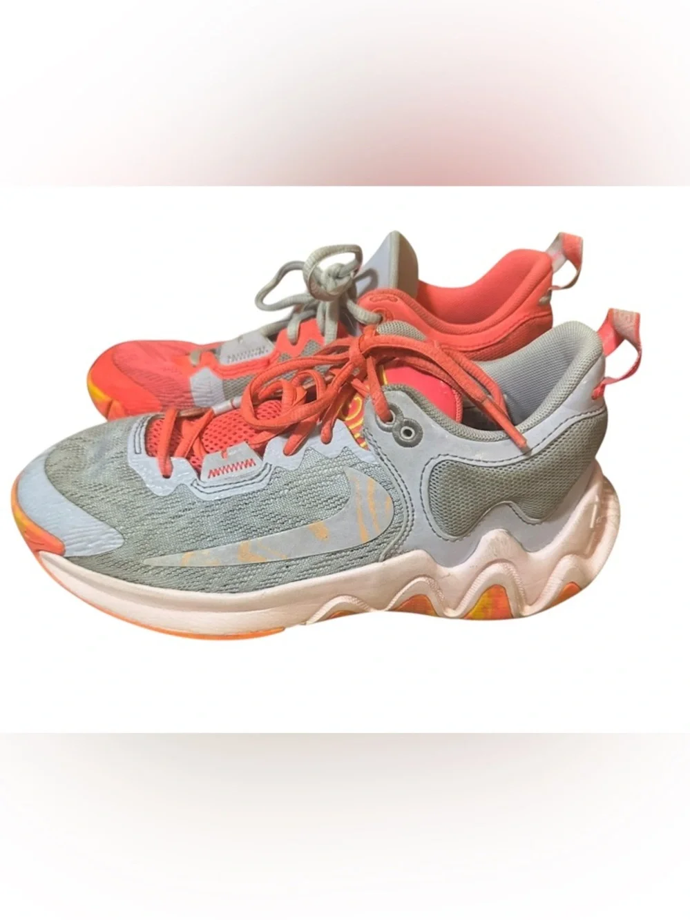 Nike Kids Coral Pink and Light Gray Athletic Sneakers with Yellow Accents